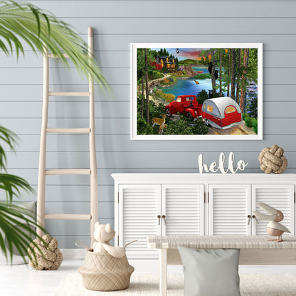 Forest House Little Red Car - Full Round Drill Diamond Painting 50*40CM