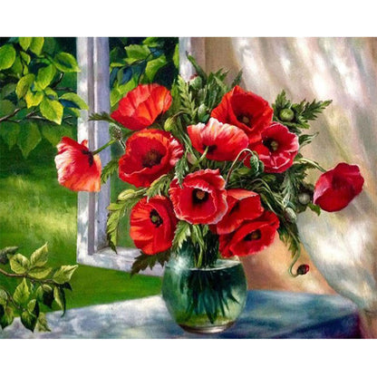 Window Sill Poppy Bouquet - Full Square Drill Diamond Painting 40*30CM