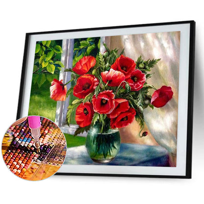 Window Sill Poppy Bouquet - Full Square Drill Diamond Painting 40*30CM