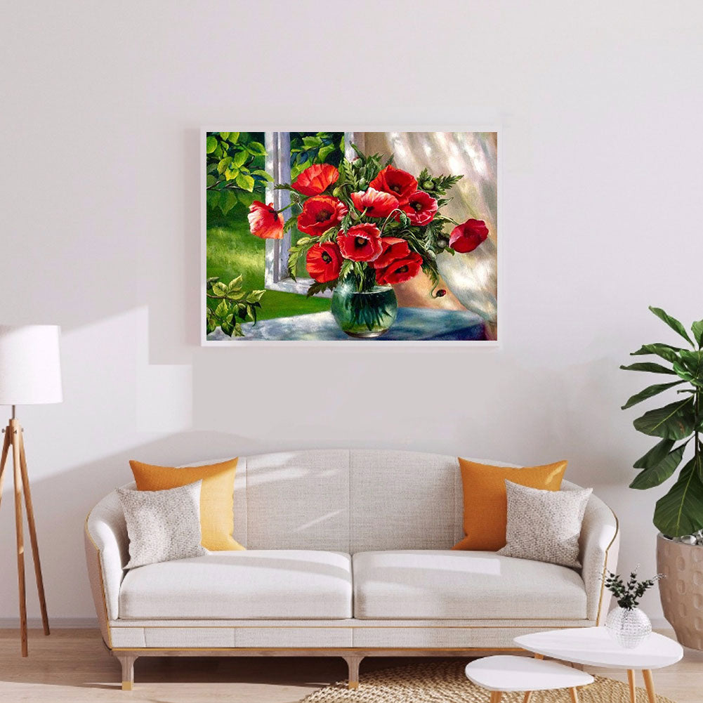 Window Sill Poppy Bouquet - Full Square Drill Diamond Painting 40*30CM