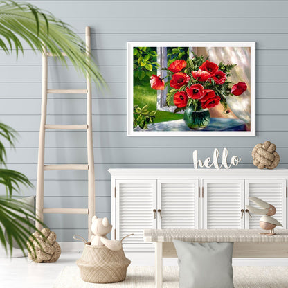 Window Sill Poppy Bouquet - Full Square Drill Diamond Painting 40*30CM