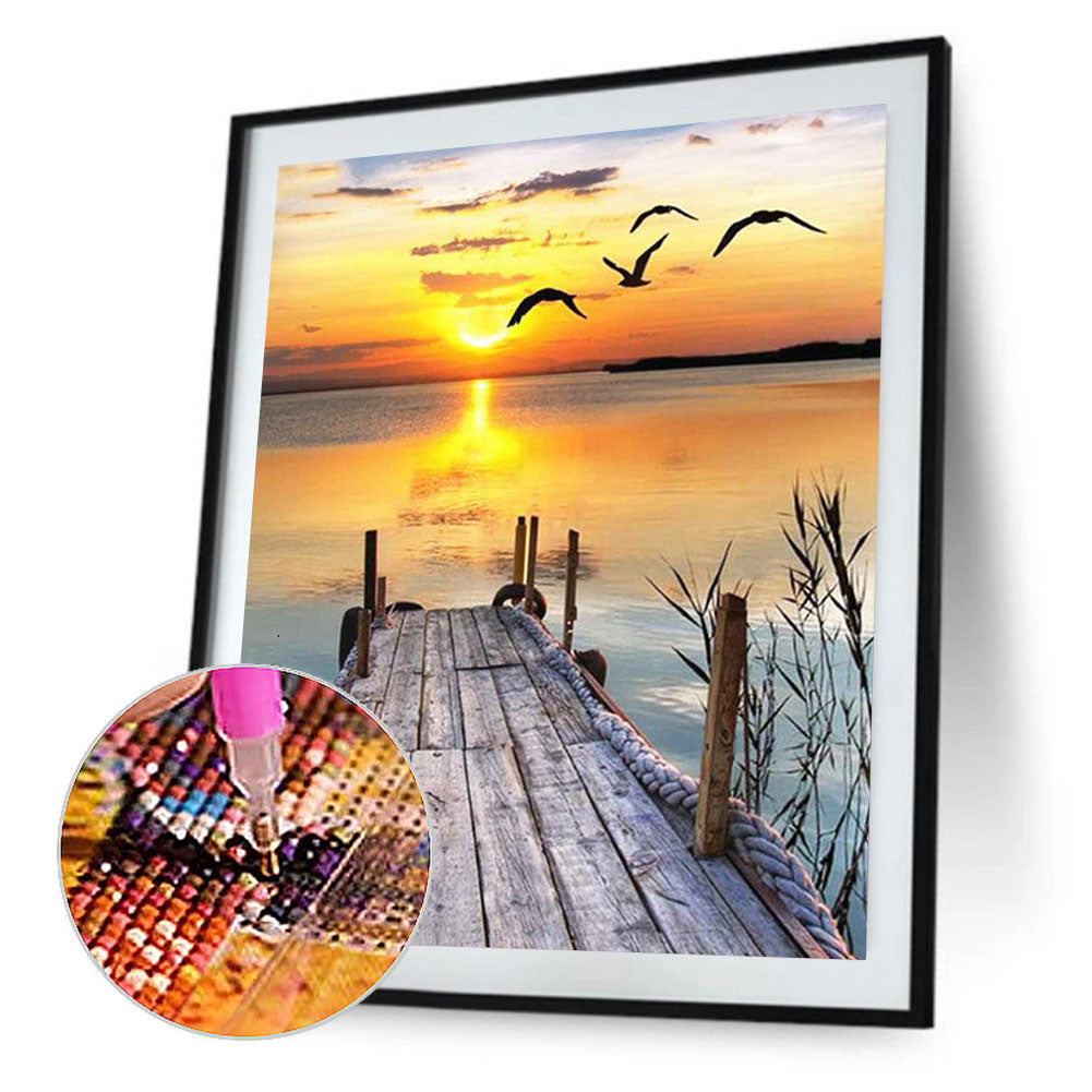 Lake Bridge Sunset Landscape - Full Round Drill Diamond Painting 50*60CM