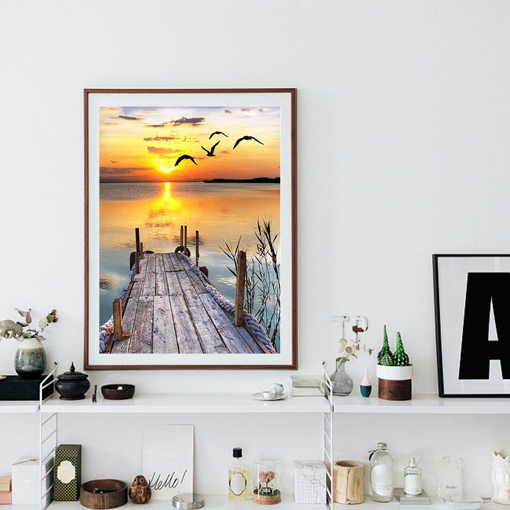 Lake Bridge Sunset Landscape - Full Round Drill Diamond Painting 50*60CM