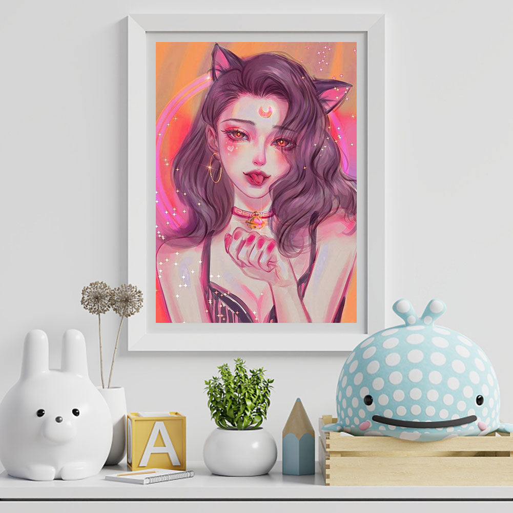 Cat Girl 30*40CM(Canvas) Full Round Drill Diamond Painting