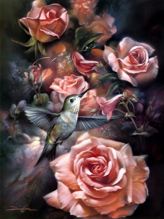 Pink Rose Hummingbird - Full Round Drill Diamond Painting 30*40CM
