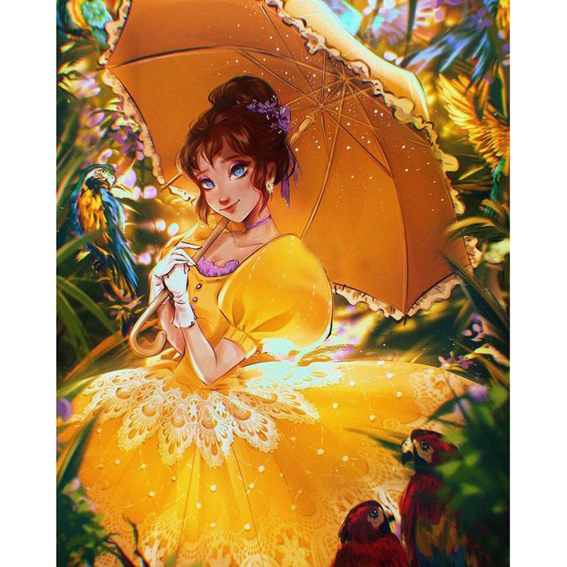 Yellow Skirt Girl With Umbrella - Full Round Drill Diamond Painting 40*50CM