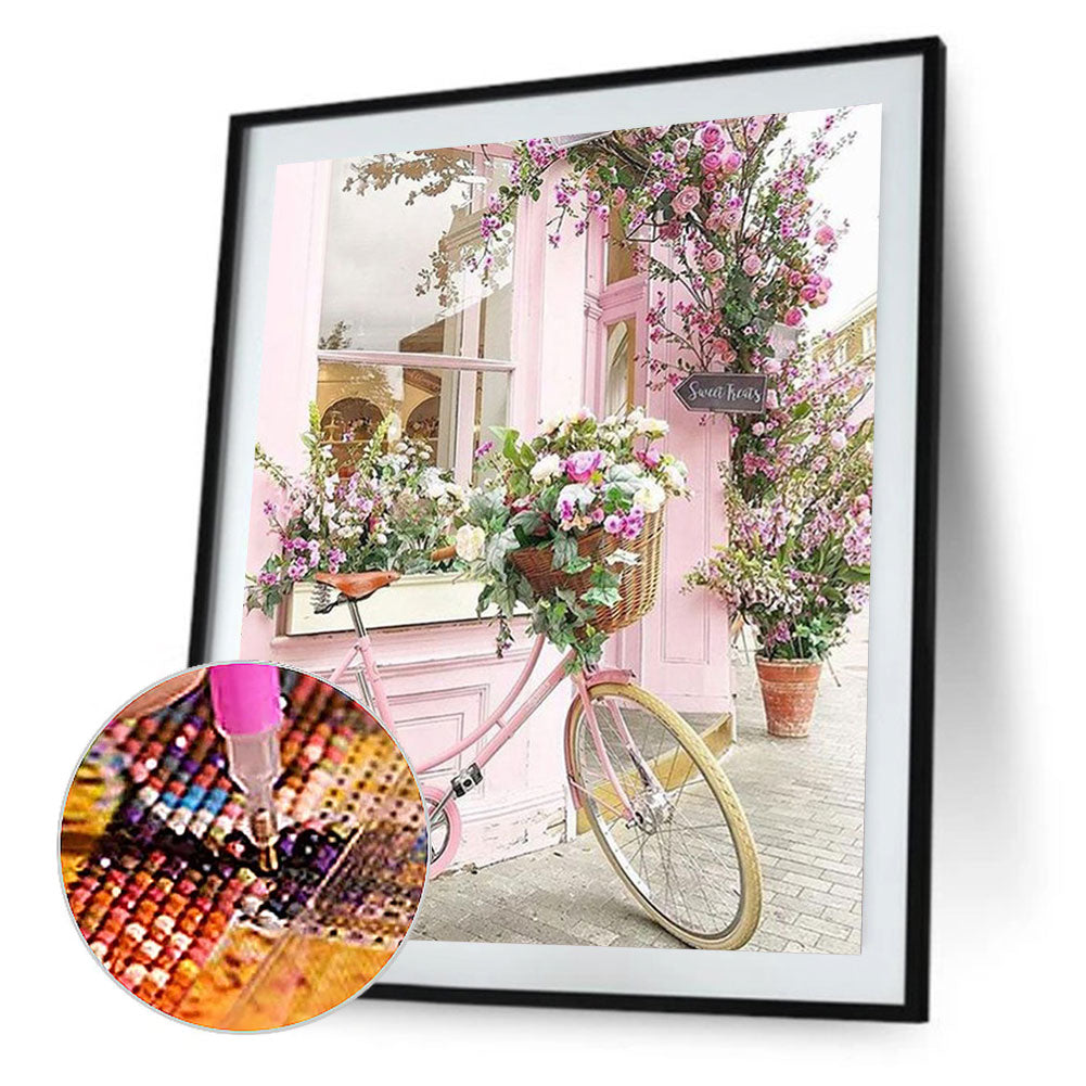 Pink Bicycle By The Window 40*50CM(Canvas) Full Round Drill Diamond Painting