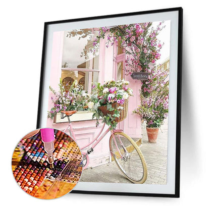 Pink Bicycle By The Window 40*50CM(Canvas) Full Round Drill Diamond Painting