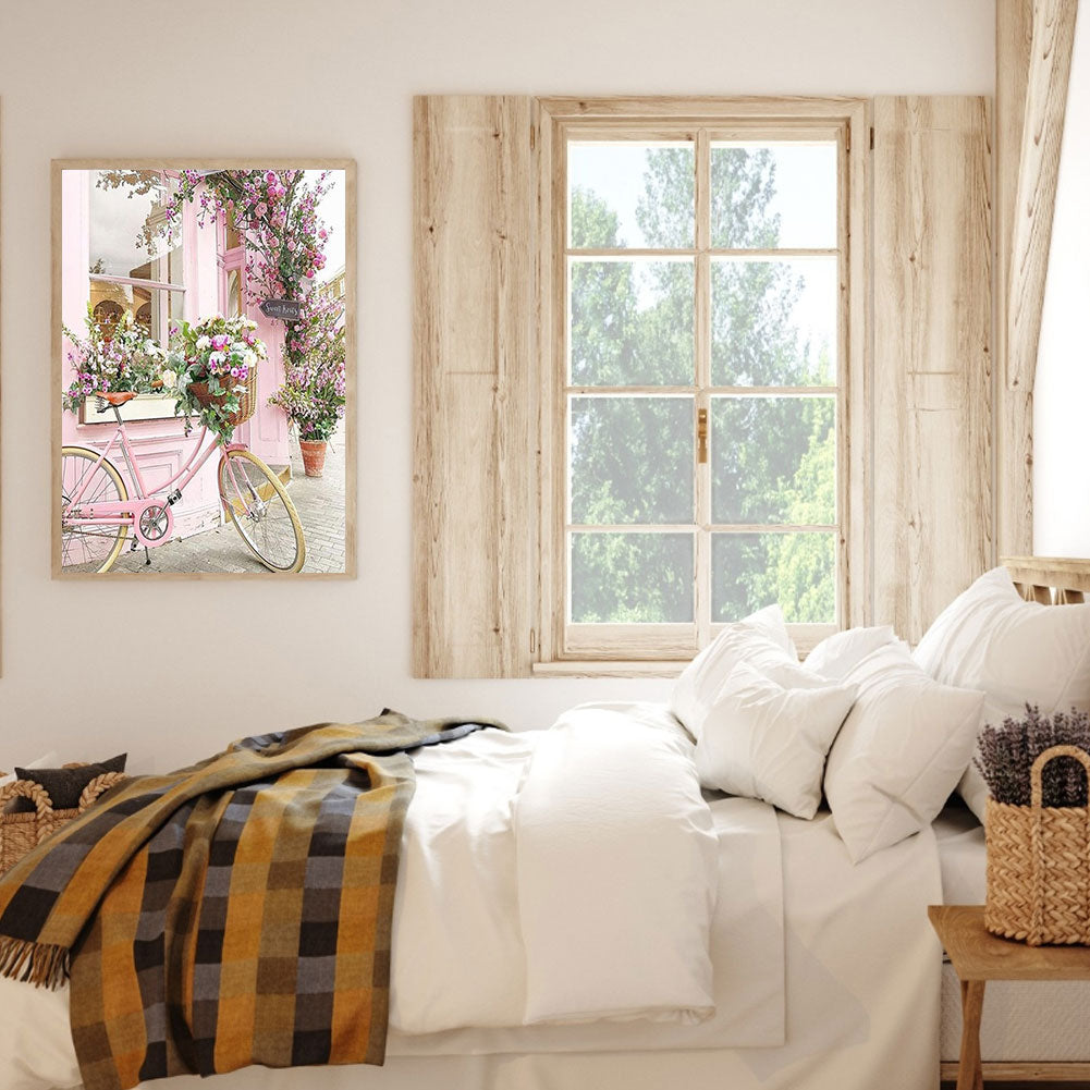Pink Bicycle By The Window 40*50CM(Canvas) Full Round Drill Diamond Painting