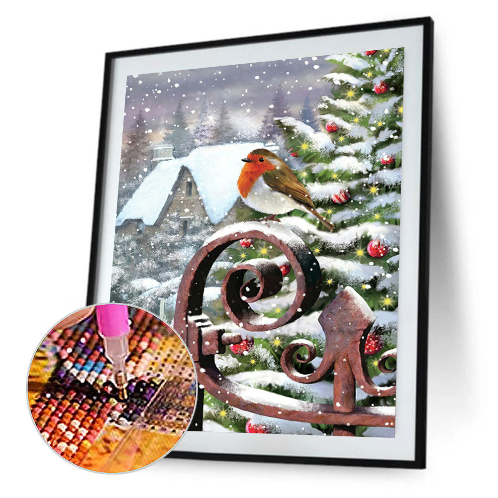 Robin On Christmas Fence - Full Round Drill Diamond Painting 30*40CM