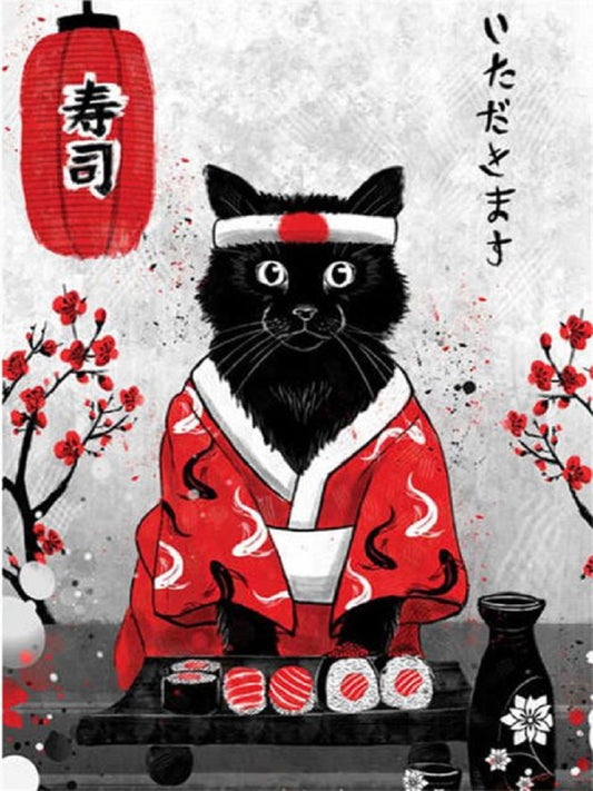 Japanese Sushi Black Cat - Full Round Drill Diamond Painting 30*40CM