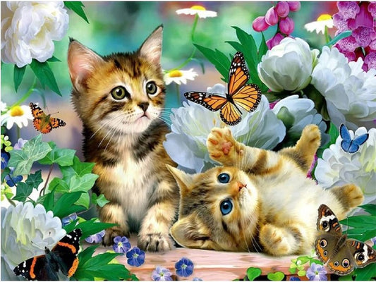 Two Kittens Play With Butterflies - Full Round Drill Diamond Painting 50*40CM