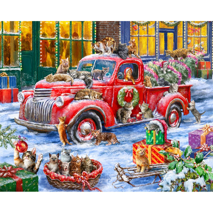 Christmas Red Car And Cats - Full Round Drill Diamond Painting 50*40CM