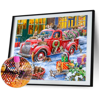 Christmas Red Car And Cats - Full Round Drill Diamond Painting 50*40CM