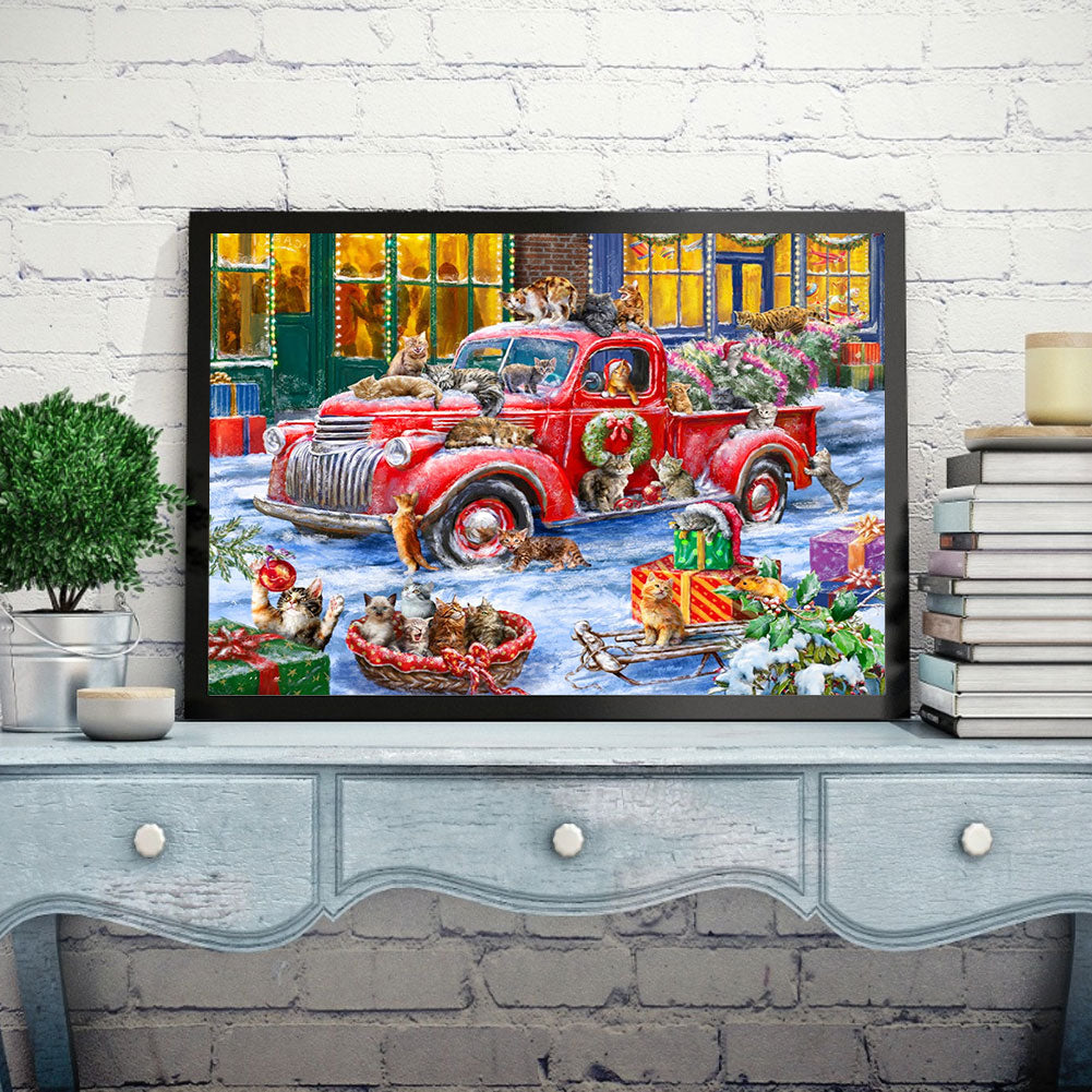 Christmas Red Car And Cats - Full Round Drill Diamond Painting 50*40CM