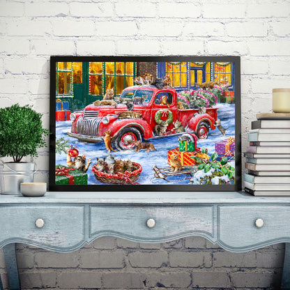 Christmas Red Car And Cats - Full Round Drill Diamond Painting 50*40CM