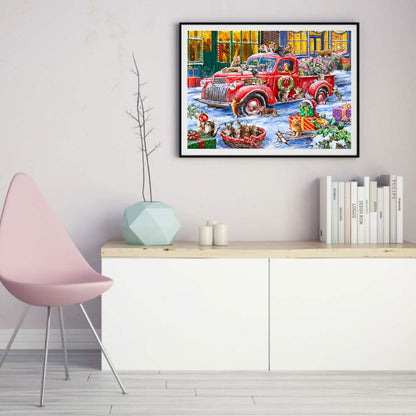 Christmas Red Car And Cats - Full Round Drill Diamond Painting 50*40CM