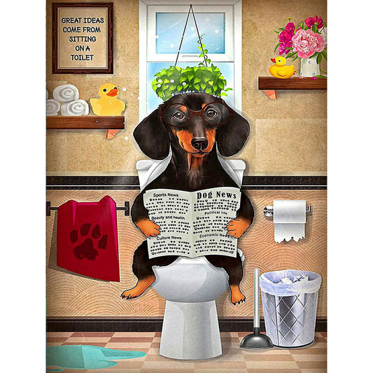 Dachshund Sitting On Toilet - Full Square Drill Diamond Painting 30*40CM