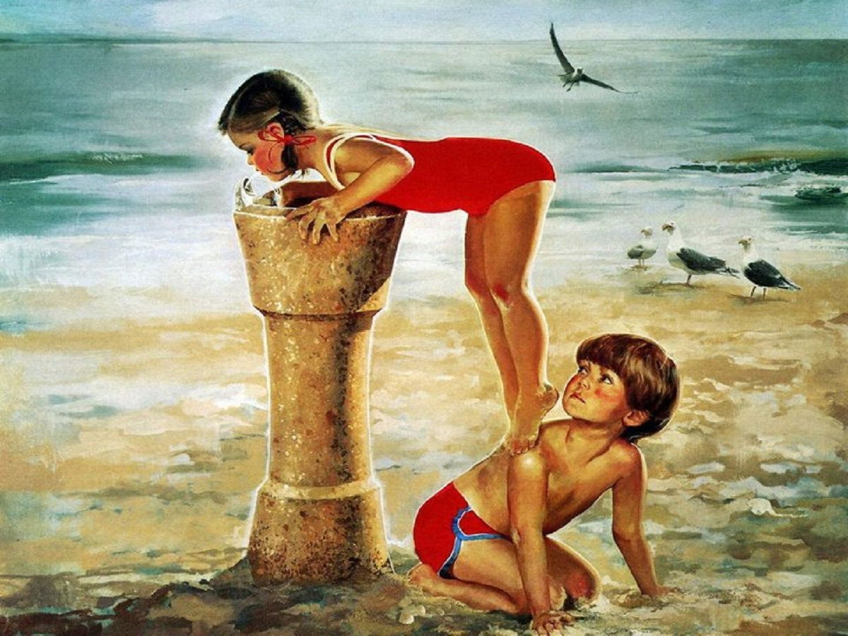 Child Drinking Water On The Beach 40*30CM(Canvas) Full Round Drill Diamond Painting