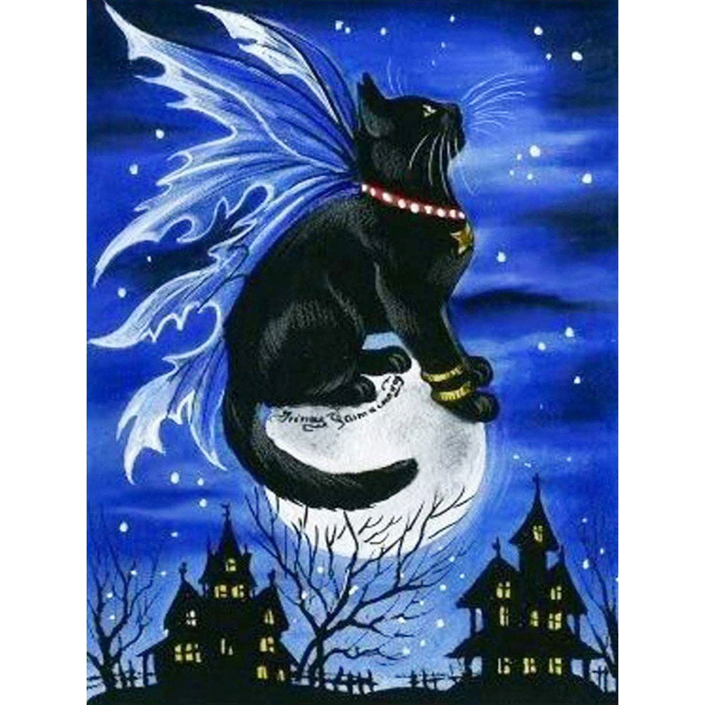 Black Cat On Halloween Moon - Full Round Drill Diamond Painting 40*50CM