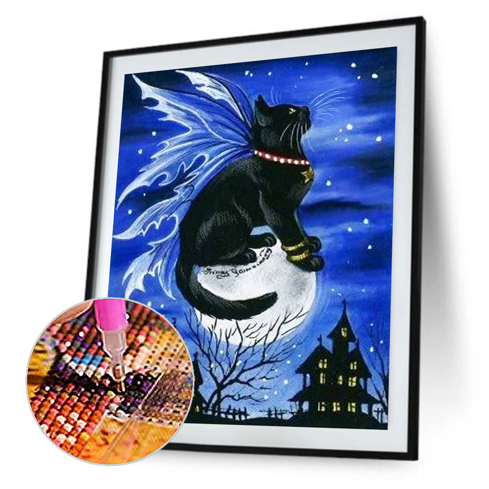 Black Cat On Halloween Moon - Full Round Drill Diamond Painting 40*50CM