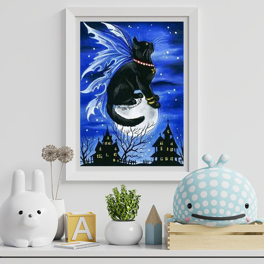 Black Cat On Halloween Moon - Full Round Drill Diamond Painting 40*50CM