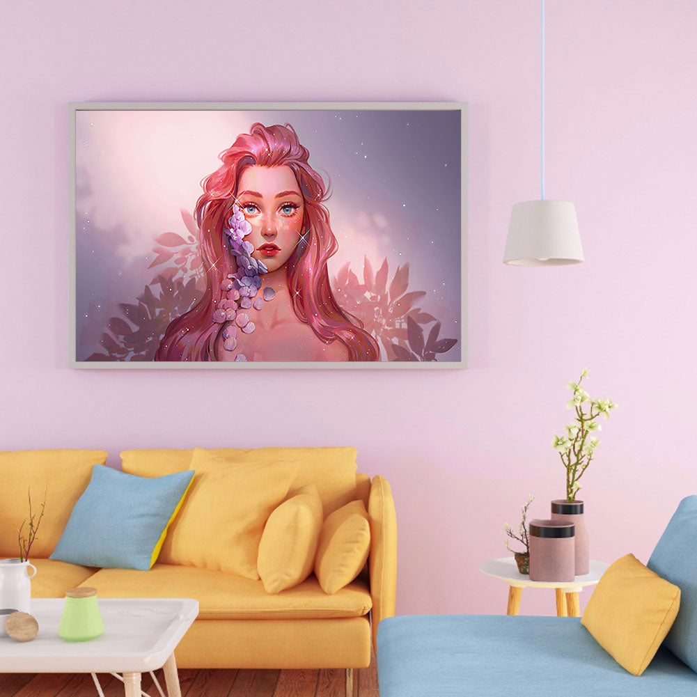 Pink Long Hair Girl - Full Round Drill Diamond Painting 70*30CM