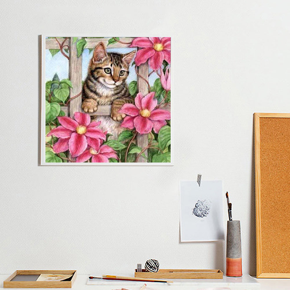 Tabby Cat On Flower Stand - Full Square Drill Diamond Painting 50*50CM