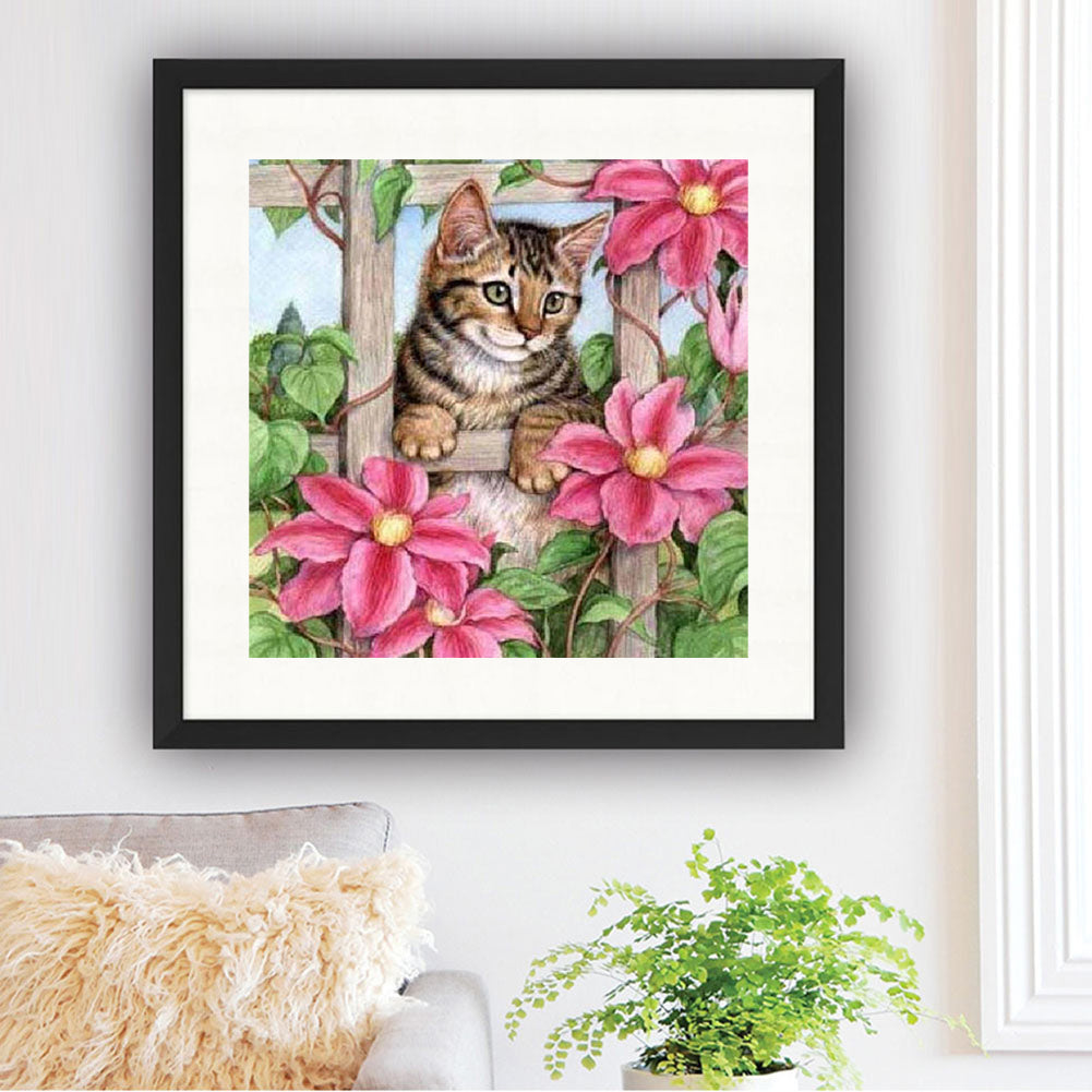 Tabby Cat On Flower Stand - Full Square Drill Diamond Painting 50*50CM