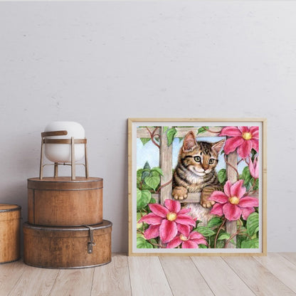 Tabby Cat On Flower Stand - Full Square Drill Diamond Painting 50*50CM