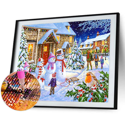 Snowman On Christmas Street - Full Round Drill Diamond Painting 55*40CM