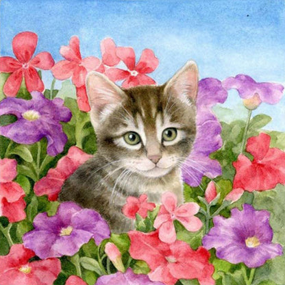 Cat Among Flowers - Full Round Drill Diamond Painting 40*40CM