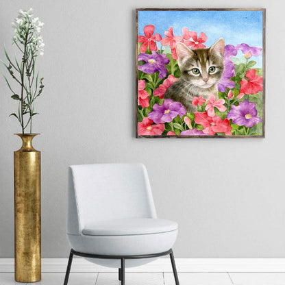 Cat Among Flowers - Full Round Drill Diamond Painting 40*40CM