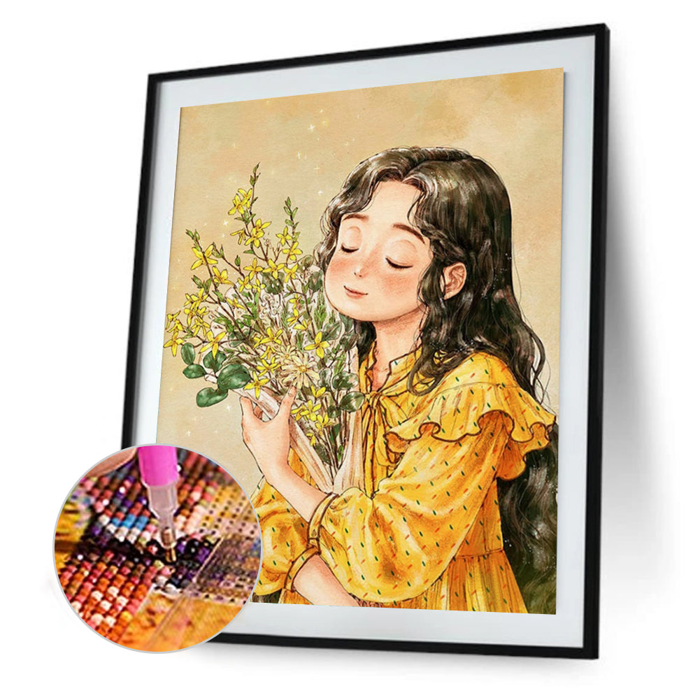 Flower Viewing Girl - Full Round Drill Diamond Painting 30*40CM