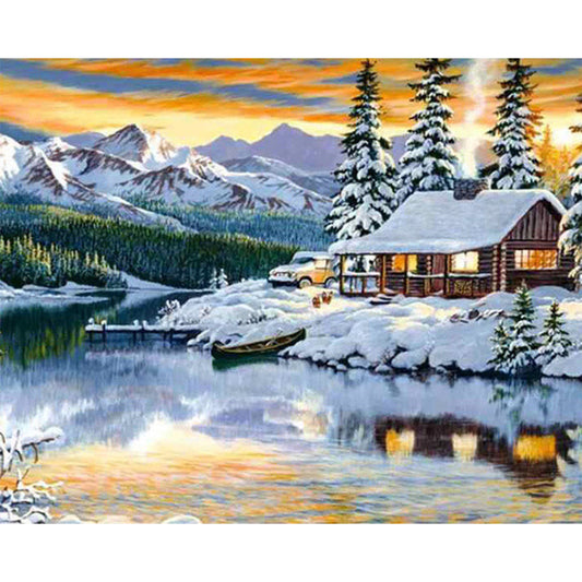 Lakeside Cottage Snow Scene 50*40CM(Canvas) Full Square Drill Diamond Painting