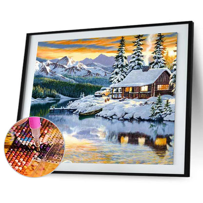 Lakeside Cottage Snow Scene 50*40CM(Canvas) Full Square Drill Diamond Painting