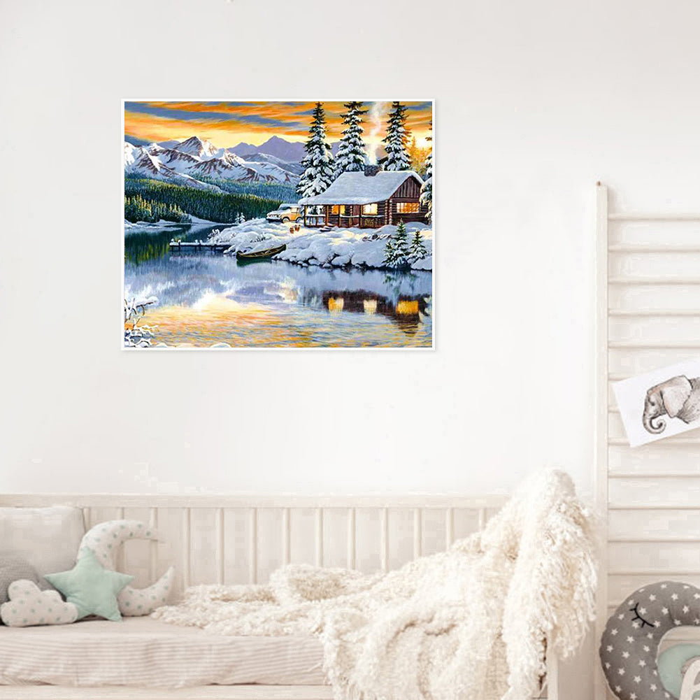 Lakeside Cottage Snow Scene 50*40CM(Canvas) Full Square Drill Diamond Painting