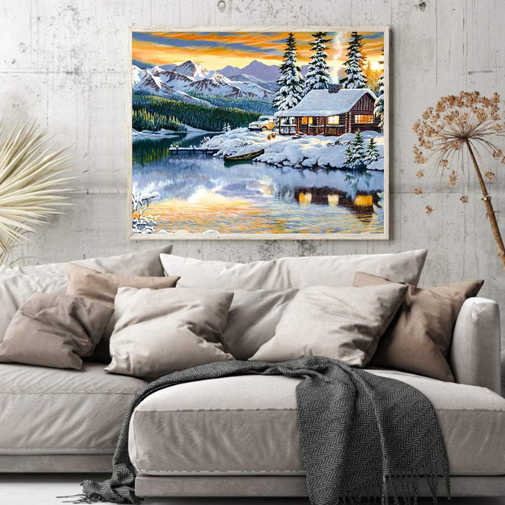 Lakeside Cottage Snow Scene 50*40CM(Canvas) Full Square Drill Diamond Painting