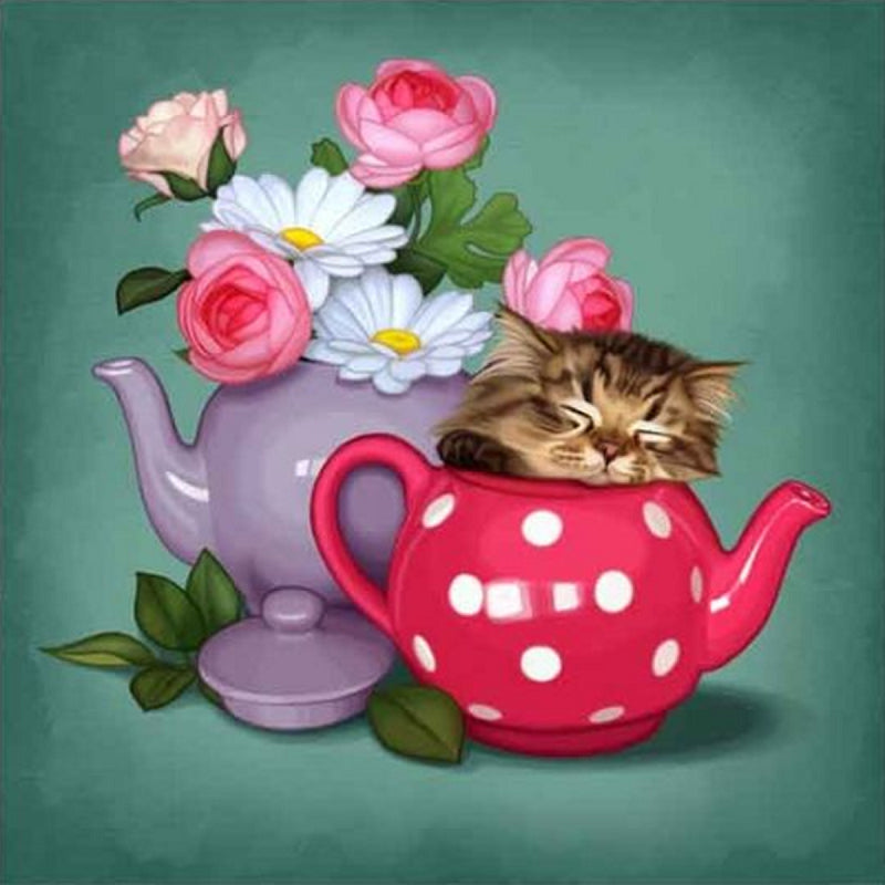 Teapot Cat - Full Round Drill Diamond Painting 30*30CM