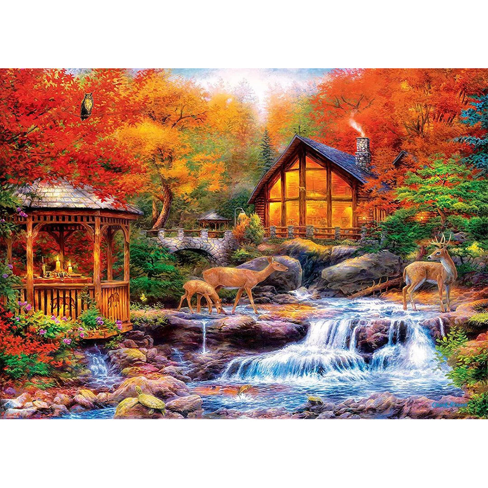 Maple Leaf Falling Water Manor - Full Round Drill Diamond Painting 40*30CM