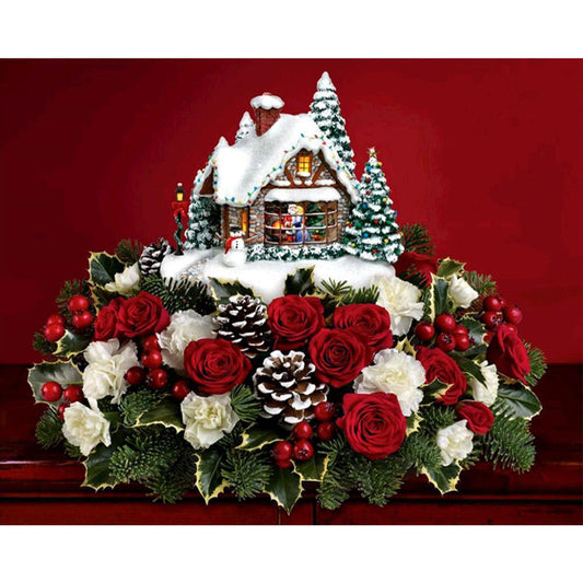 Rose Christmas House Ornament 60*50CM(Canvas) Full Round Drill Diamond Painting