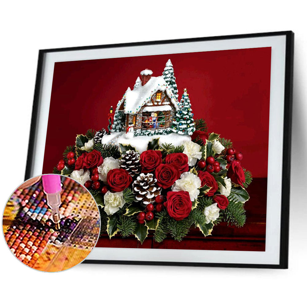 Rose Christmas House Ornament 60*50CM(Canvas) Full Round Drill Diamond Painting