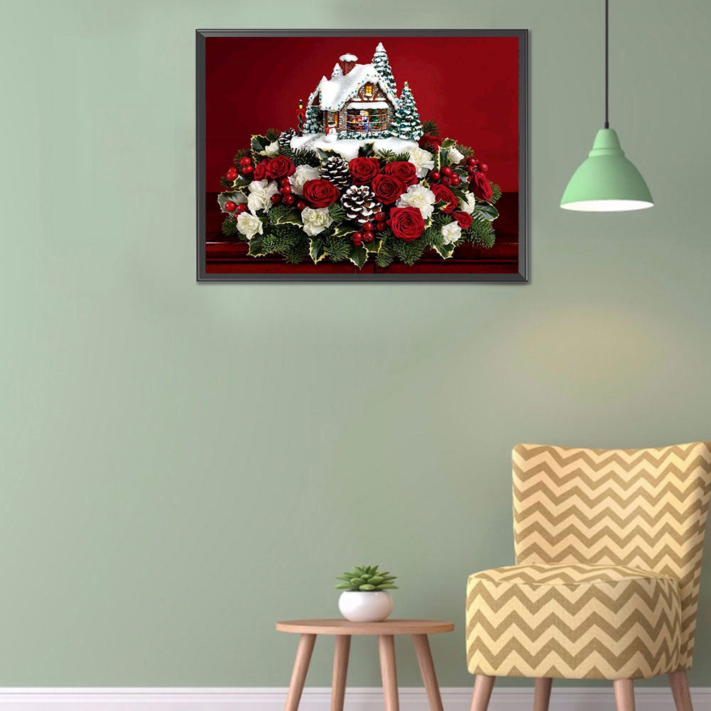 Rose Christmas House Ornament 60*50CM(Canvas) Full Round Drill Diamond Painting