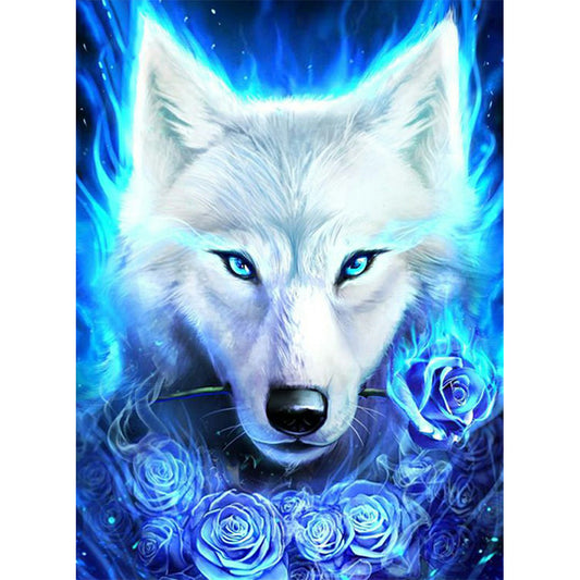 White Wolf And Blue Rose - Full Round Drill Diamond Painting 50*60CM