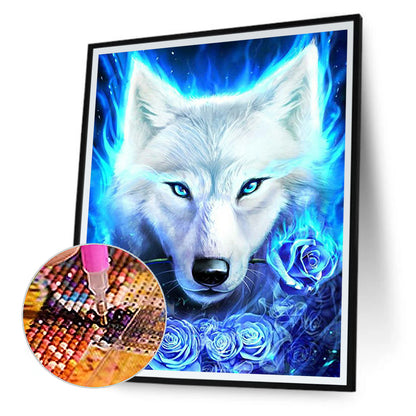 White Wolf And Blue Rose - Full Round Drill Diamond Painting 50*60CM