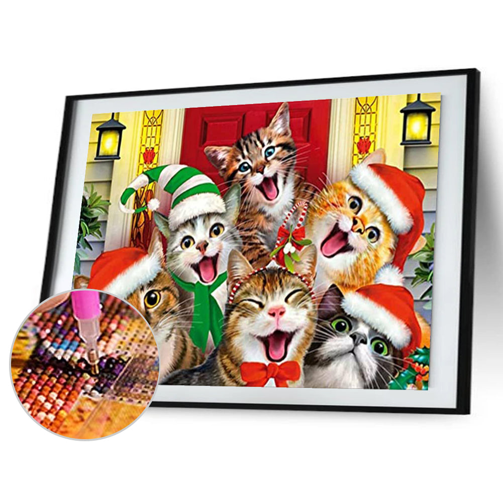 Merry Christmas Cat 40*30CM(Canvas) Full Round Drill Diamond Painting