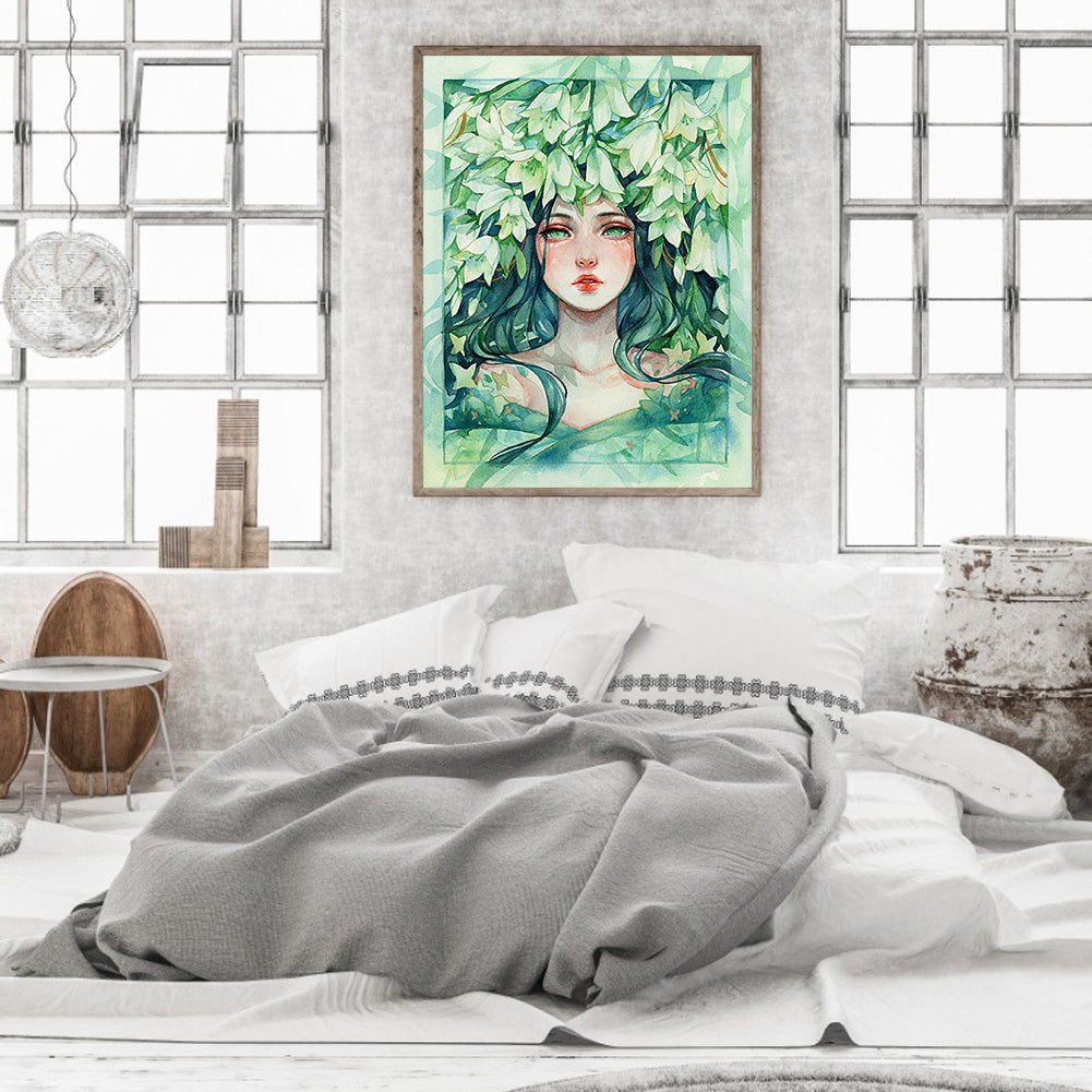 Green Lily Girl - Full Round Drill Diamond Painting 40*50CM