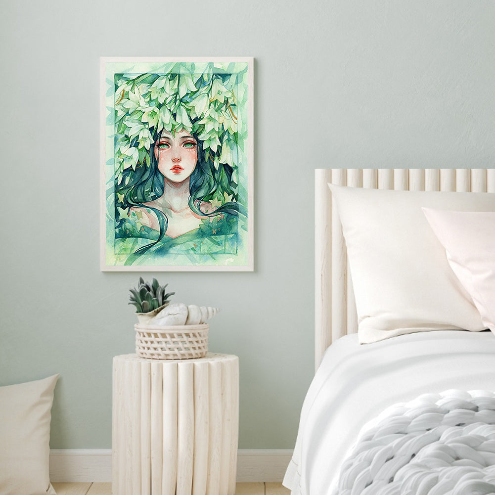 Green Lily Girl - Full Round Drill Diamond Painting 40*50CM