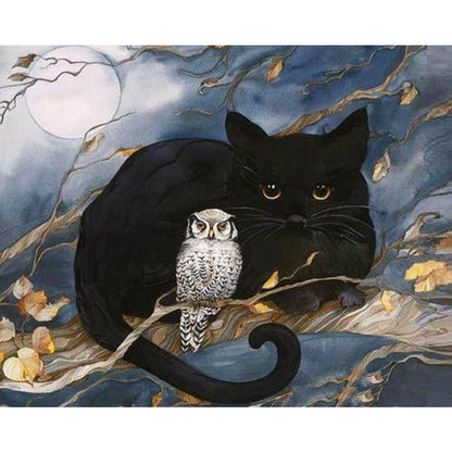 Black Cat And Owl - Full Round Drill Diamond Painting 40*30CM