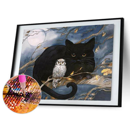 Black Cat And Owl - Full Round Drill Diamond Painting 40*30CM